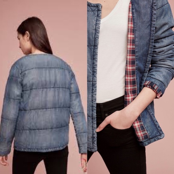 Anthropologie Cloth & Stone Chambray Quilted Plaid-Lined Car Coat - Picture 3 of 7